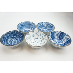 Arita Ware Ceramic Bowls Set of 5 Blue White Floral Geometric Japan Excellent